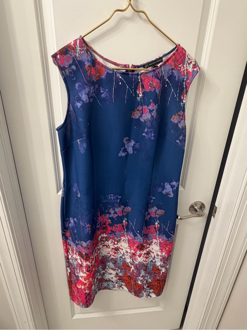 Adrianna Papell Sleeveless Navy Floral Shift Dress with Pink Accents